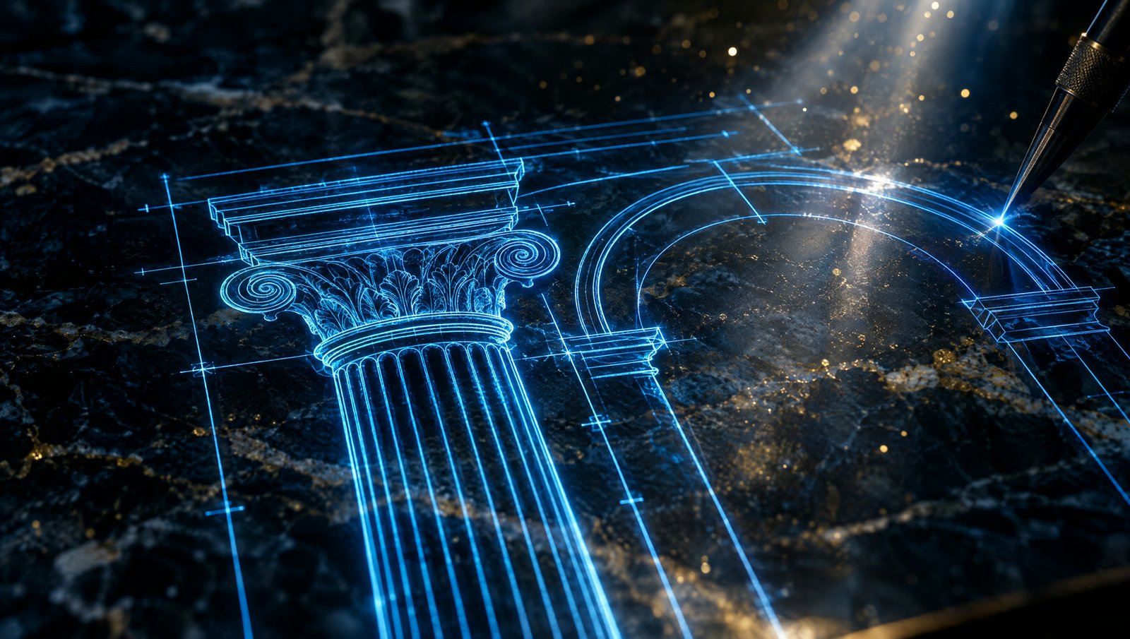 Glowing drafting lines forming a classical column on dark marble